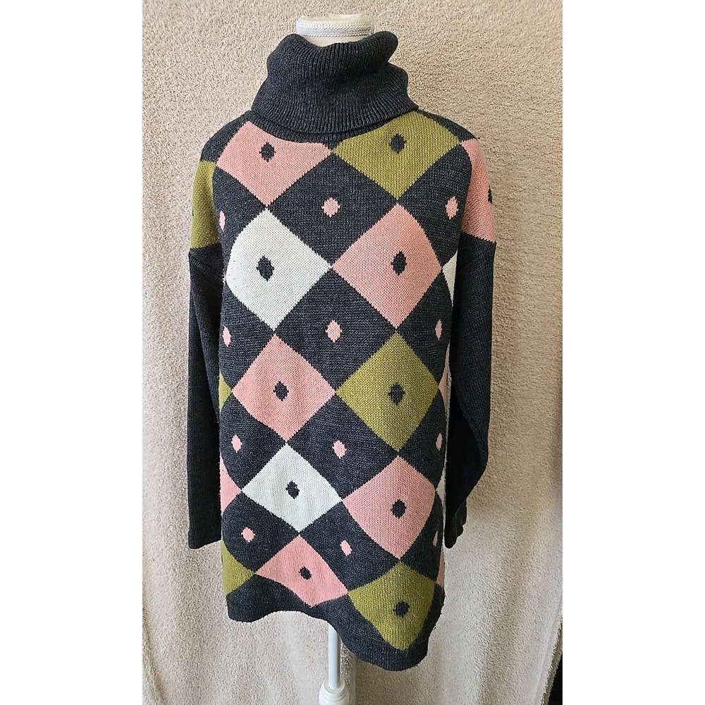 Nan Dorsey 100% Acrylic Long Turtleneck Sweater Pink/green/gray.‎ Women's S